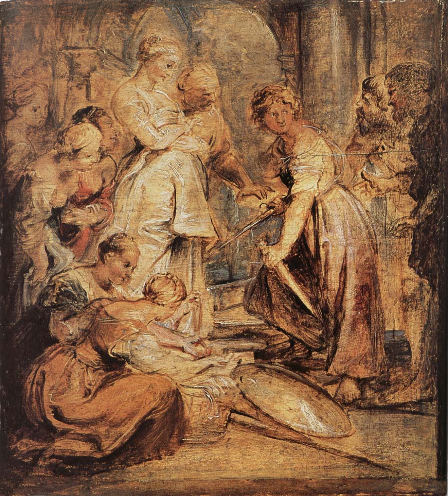 Peter Paul Rubens Aklixi standing between her daughters